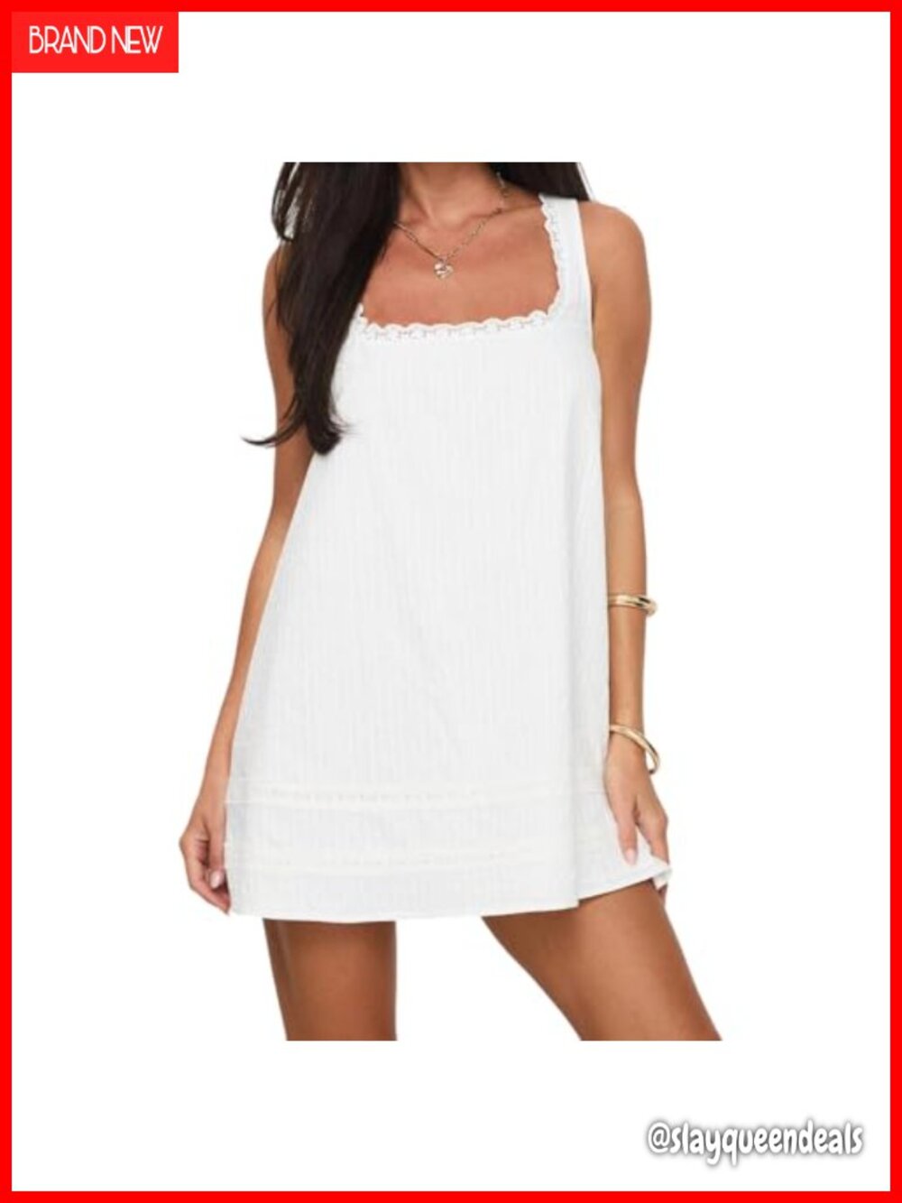 Women's Loose Fit Sleeveless Mini Tank Dress Square Neck Lace Trim Casual